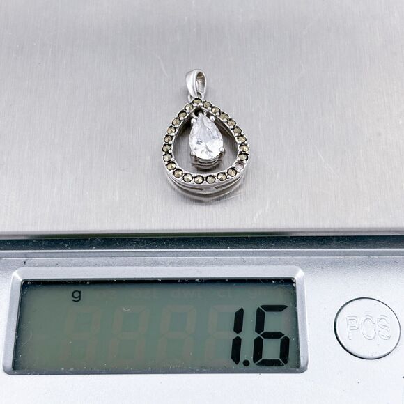 Vintage SU Sterling Silver Cubic Zirconia Marcasite Teardrop Pendant - Picture 6 of 7